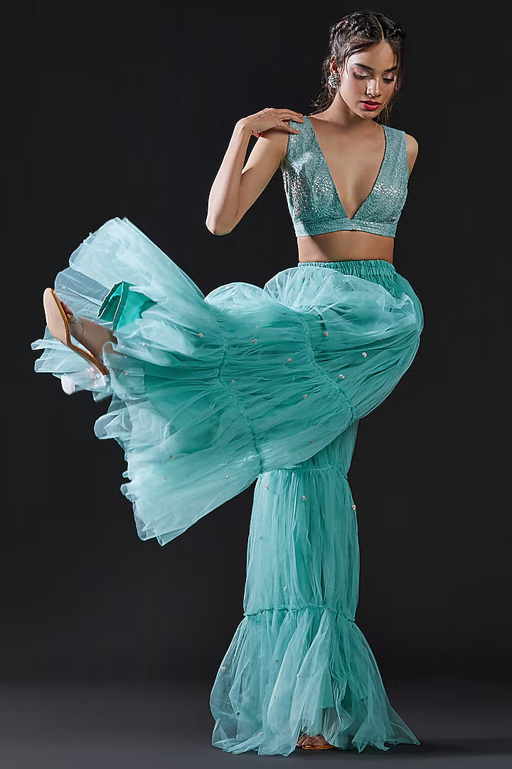 Blue Mesh & Tulle Embellished Sharara Set