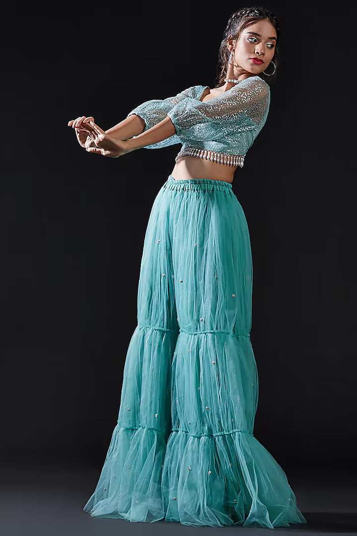 Blue Mesh & Tulle Embellished Crop Top