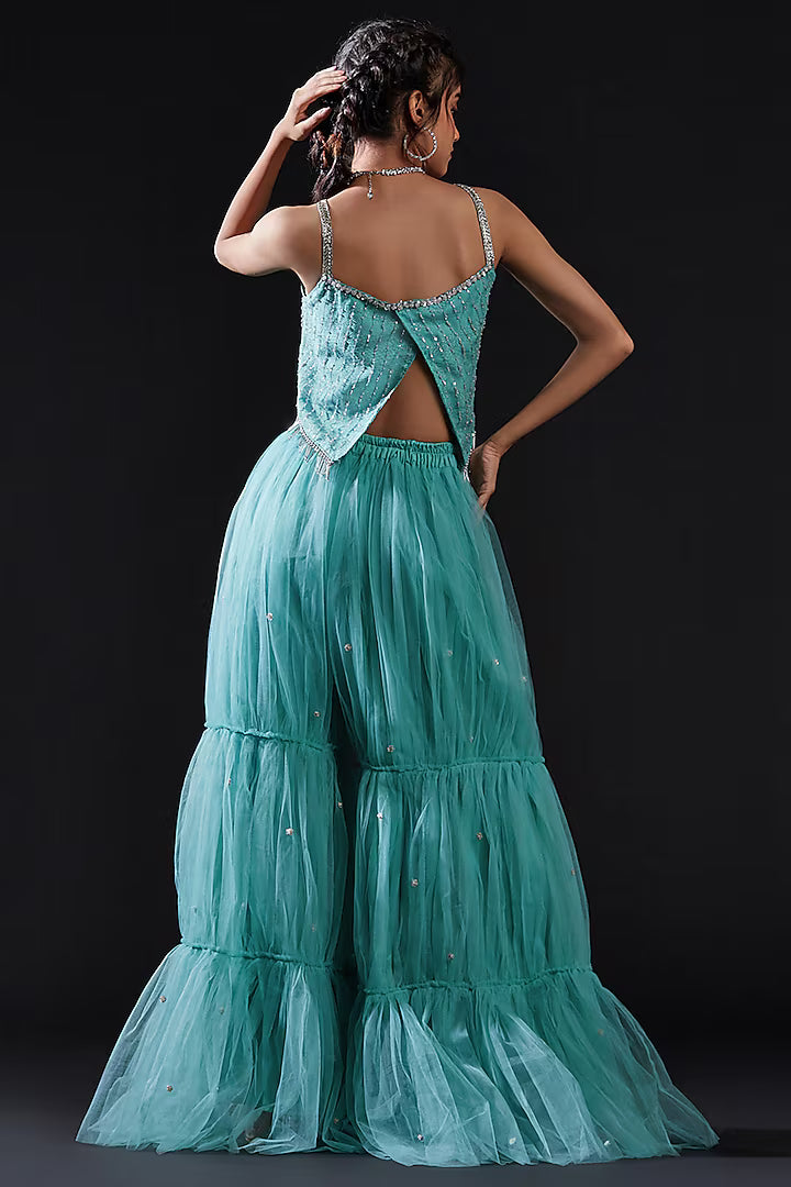 Blue Mesh & Tulle Embellished Crop Top