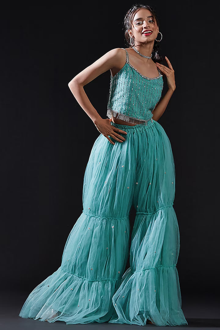 Blue Mesh & Tulle Embellished Crop Top