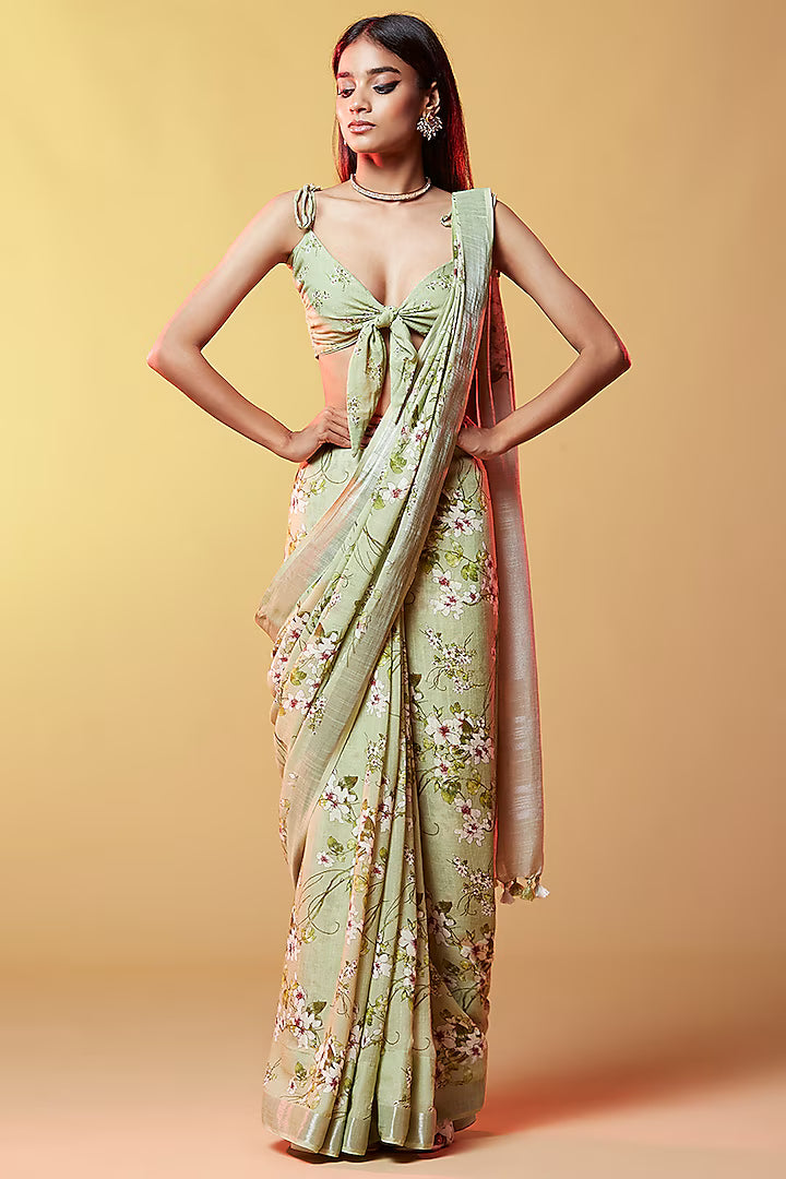Mint Cotton Digital Printed Saree Set