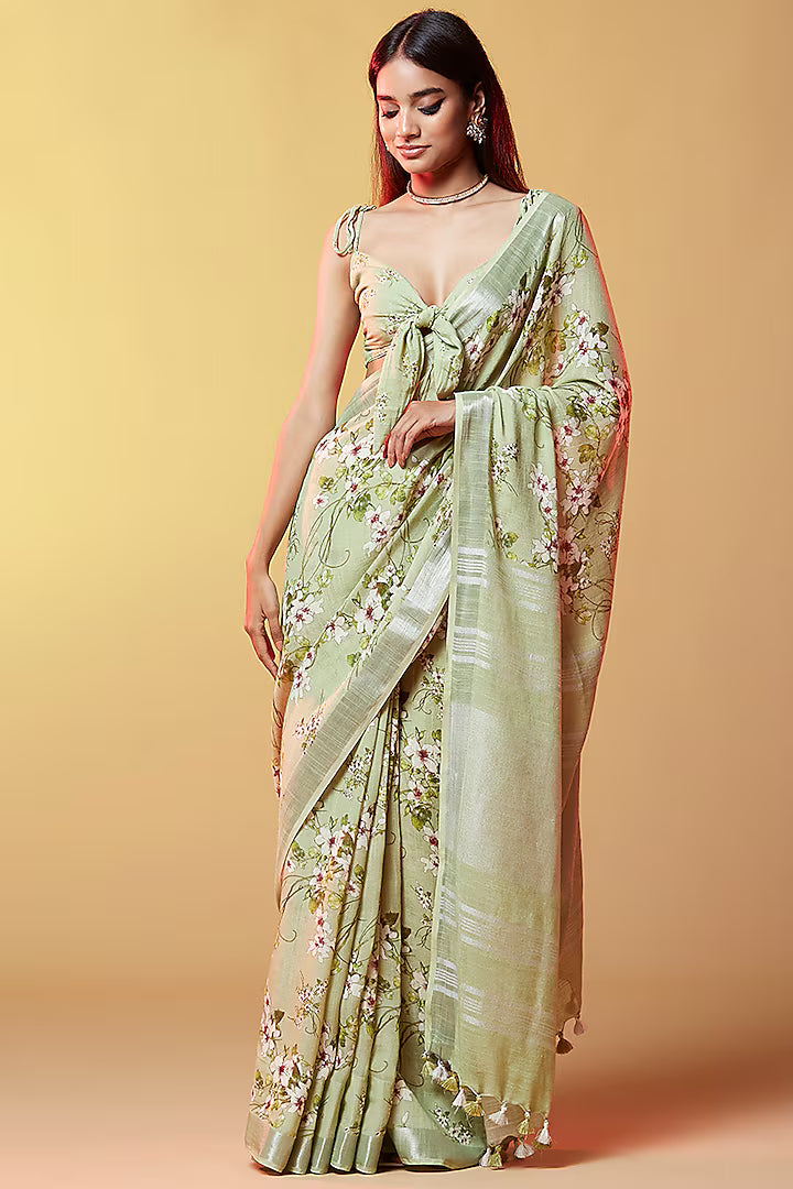 Mint Cotton Digital Printed Saree Set