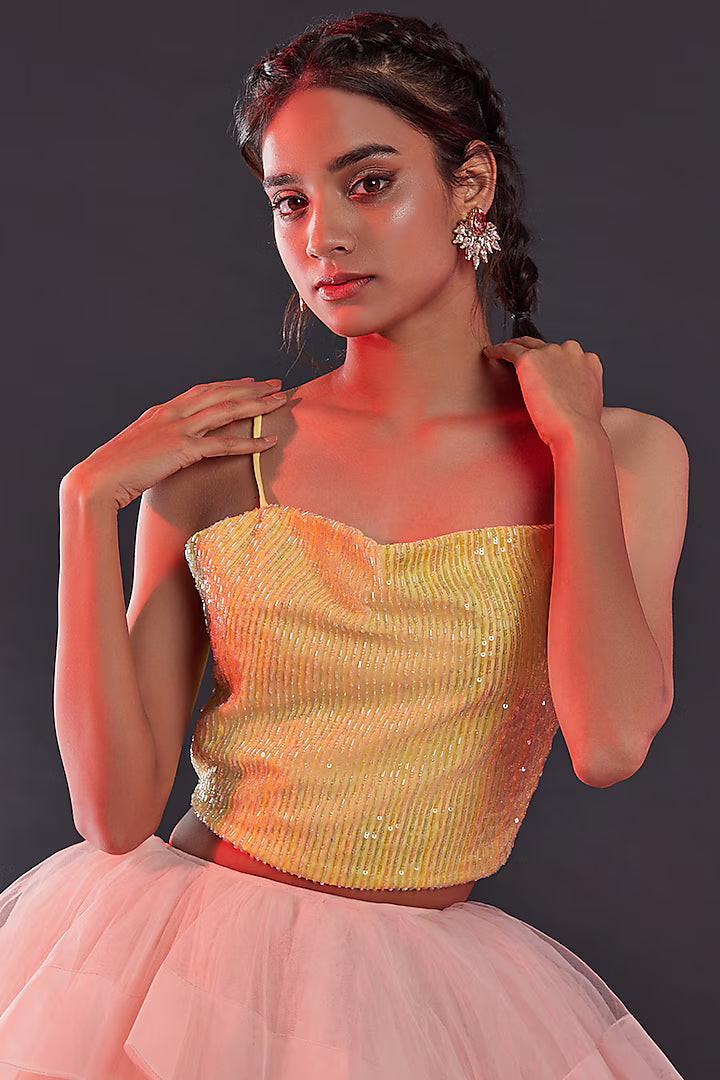 Lemon Polyester Mesh Embellished Crop Top