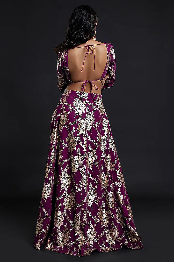 Charcoal Grey Satin Embroidered Saree Set