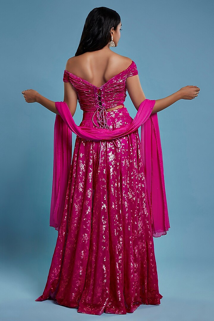 Hot Pink Recycled Polyester Foil Printed Lehenga Set