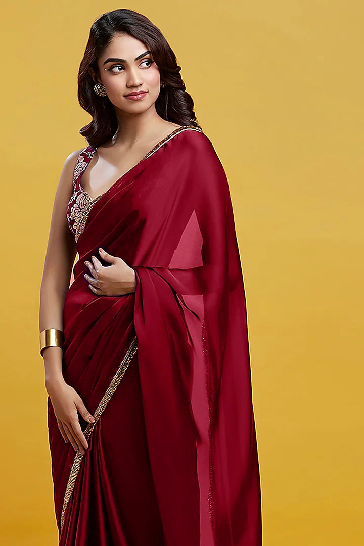 Maroon Satin Georgette Gota Fringe Border Saree