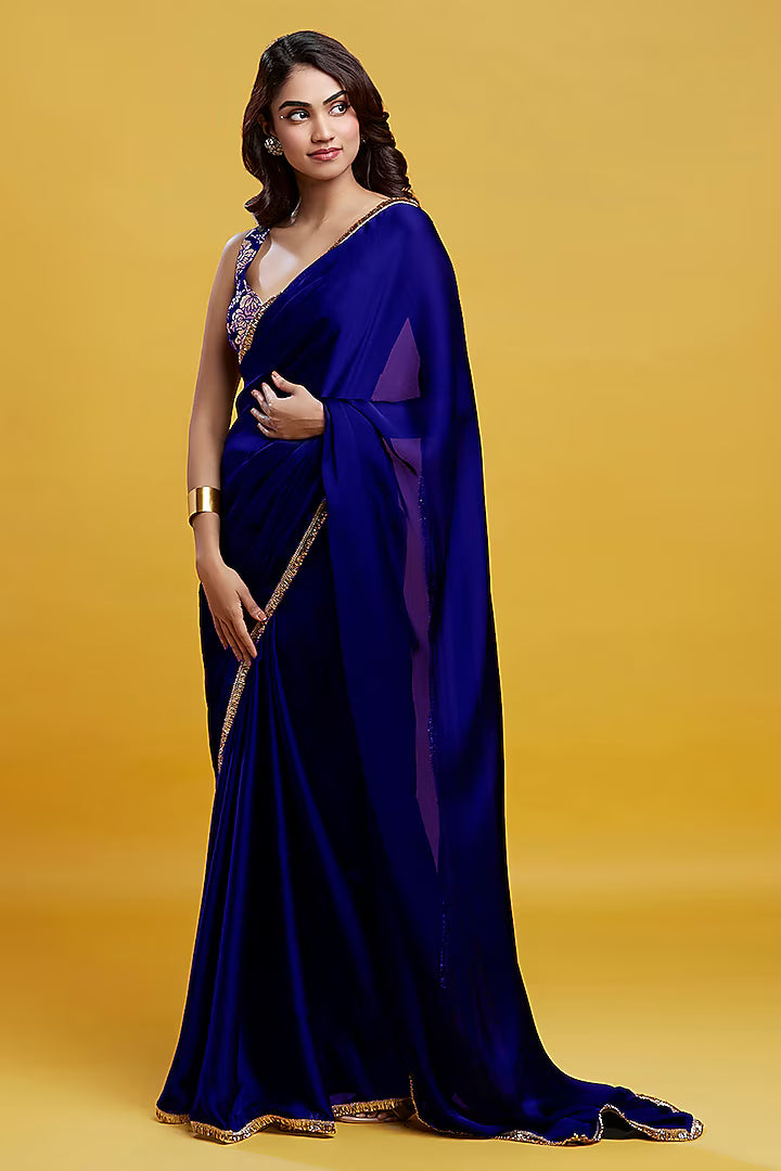 Navy Satin Georgette Gota Fringe Border Saree
