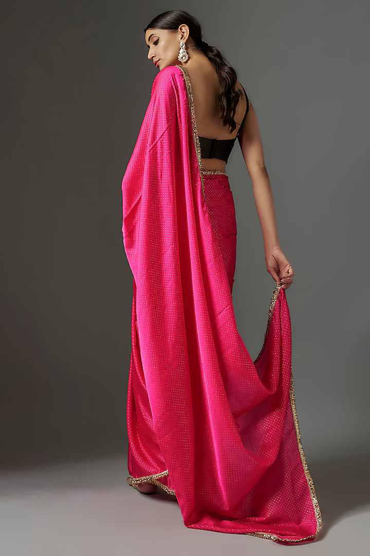 Rani Pink Satin Georgette Foil Printed Saree Set