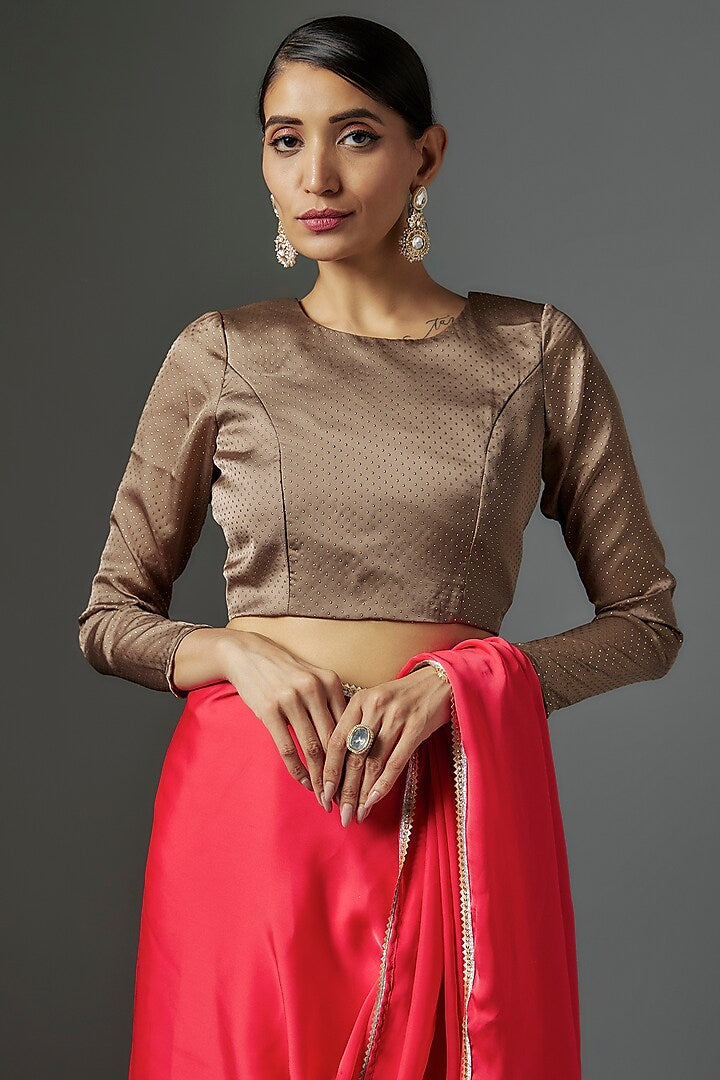 Coral Pink Satin Georgette Metallic Fringe Saree Set