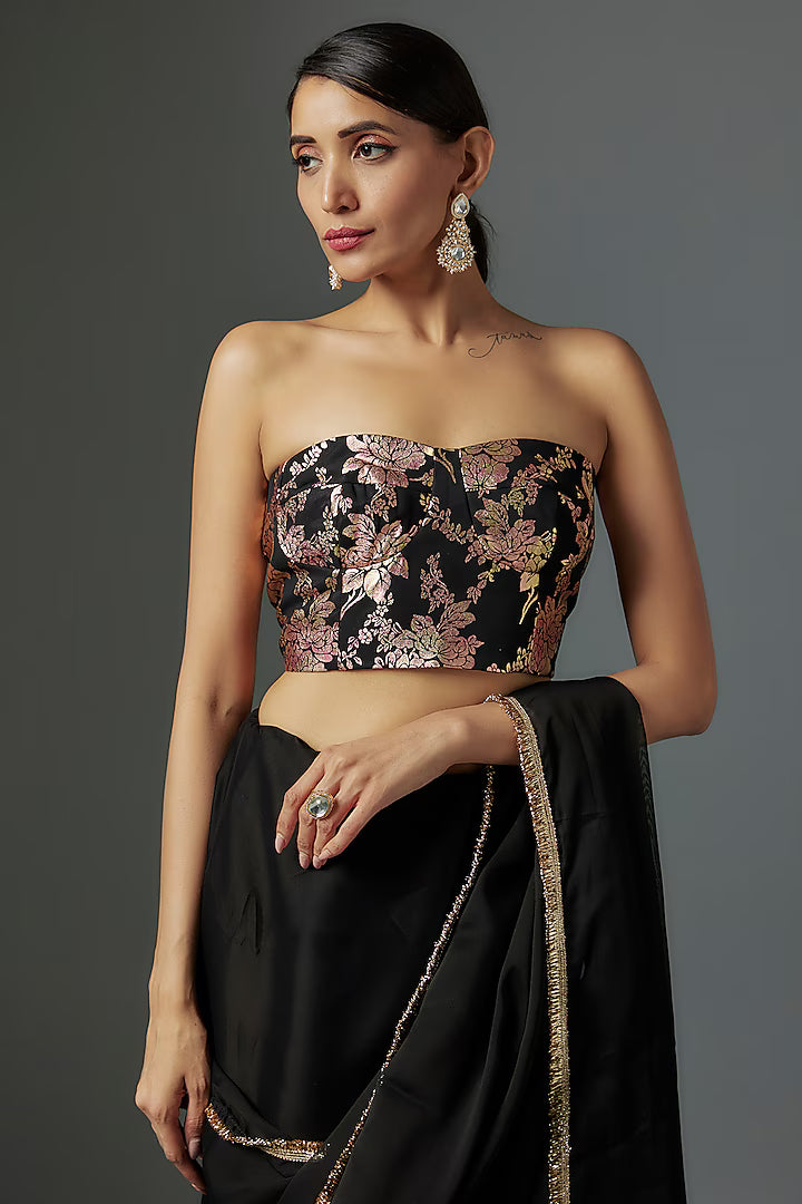 Black Satin Georgette Metallic Fringed Saree Set
