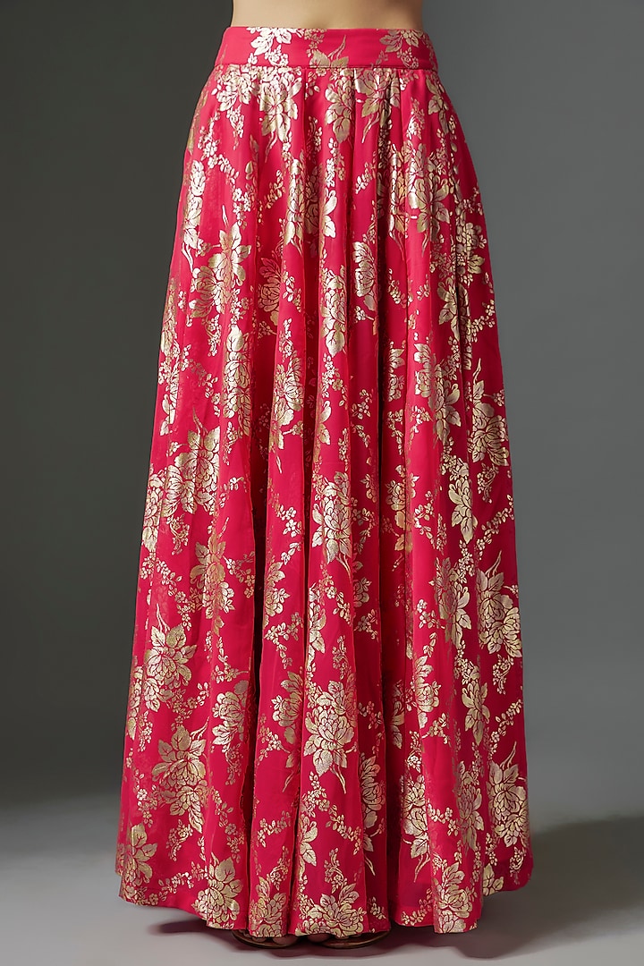 Rani Pink Recycled Polyester Metallic Foil Printed Lehenga Set