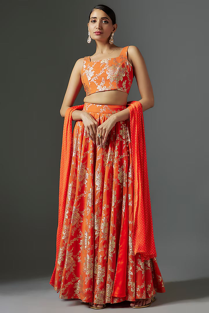 Orange Recycled Polyester Metallic Foil Printed Lehenga Set