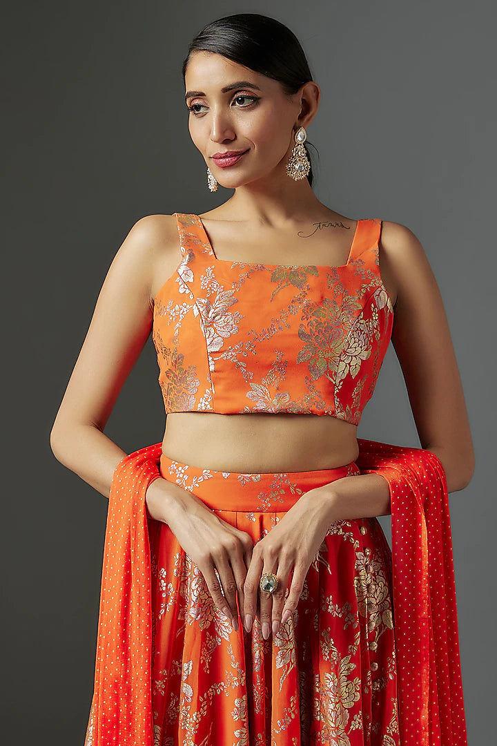 Orange Recycled Polyester Metallic Foil Printed Lehenga Set