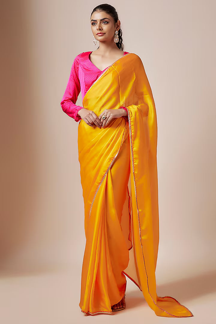 Mustard Yellow Satin Georgette Metallic Embroidered Fringed Saree Set