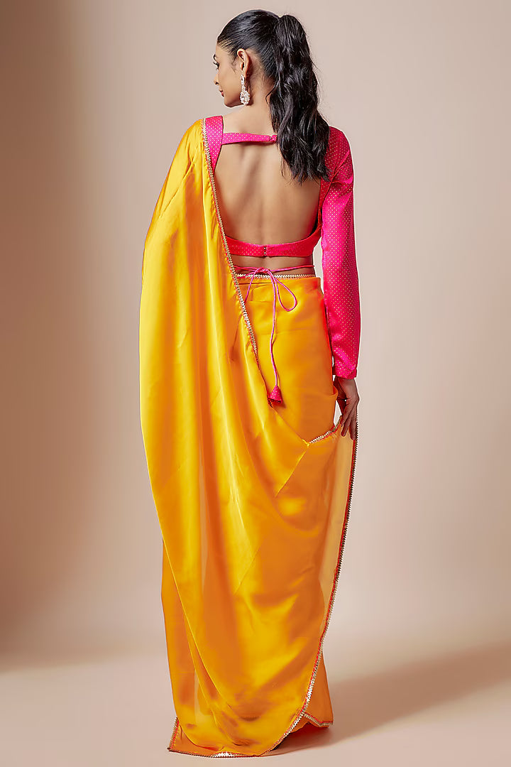 Mustard Yellow Satin Georgette Metallic Embroidered Fringed Saree Set