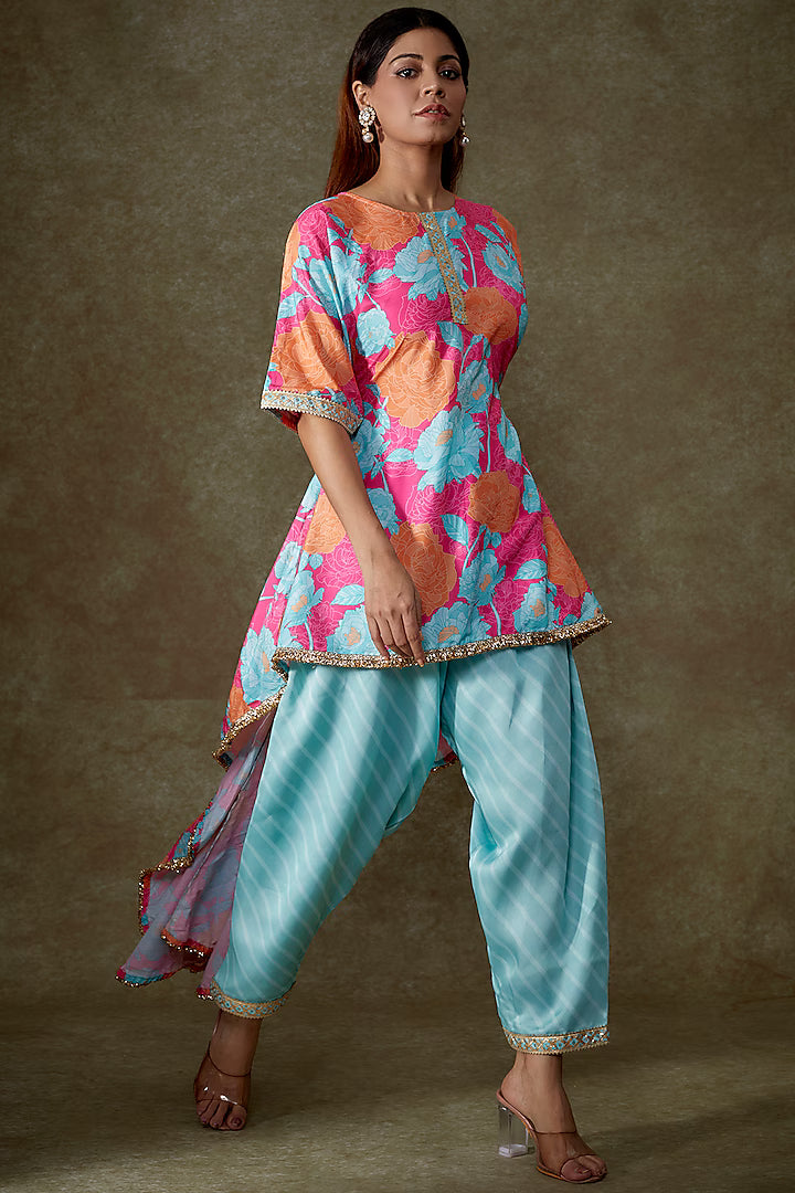 Blue Satin Georgette Dhoti Set