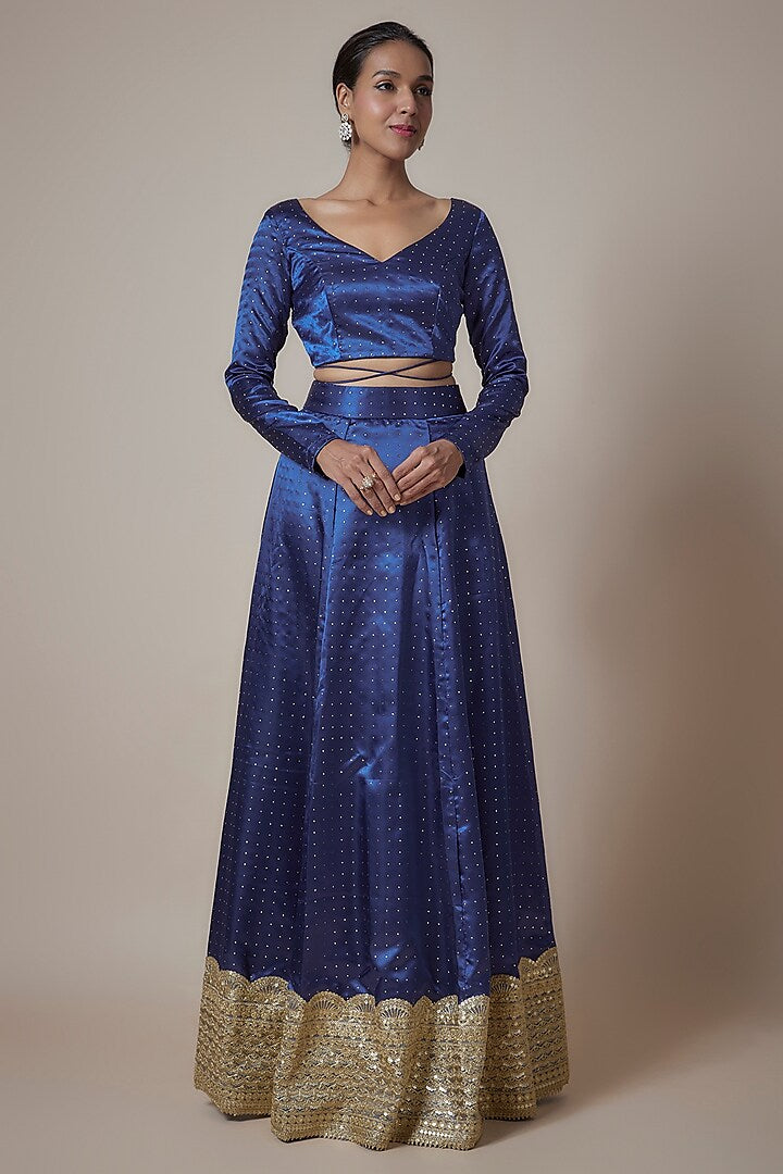 Navy Blue Recycled Polyester Printed & Embroidered Lehenga Set