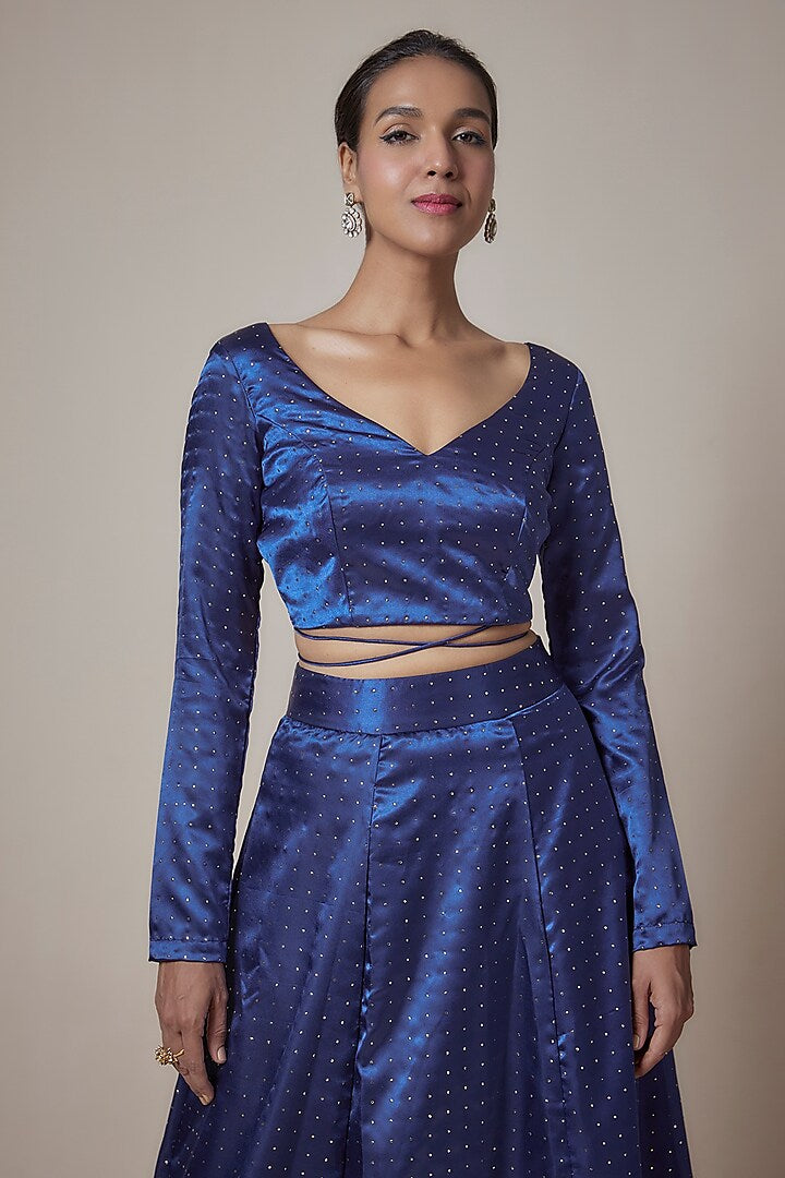 Navy Blue Recycled Polyester Printed & Embroidered Lehenga Set