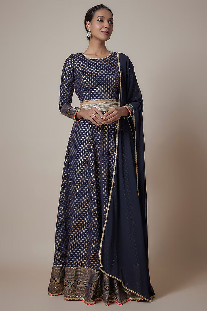 Navy Blue Recycled Polyester Metallic Embroidered Lehenga Set