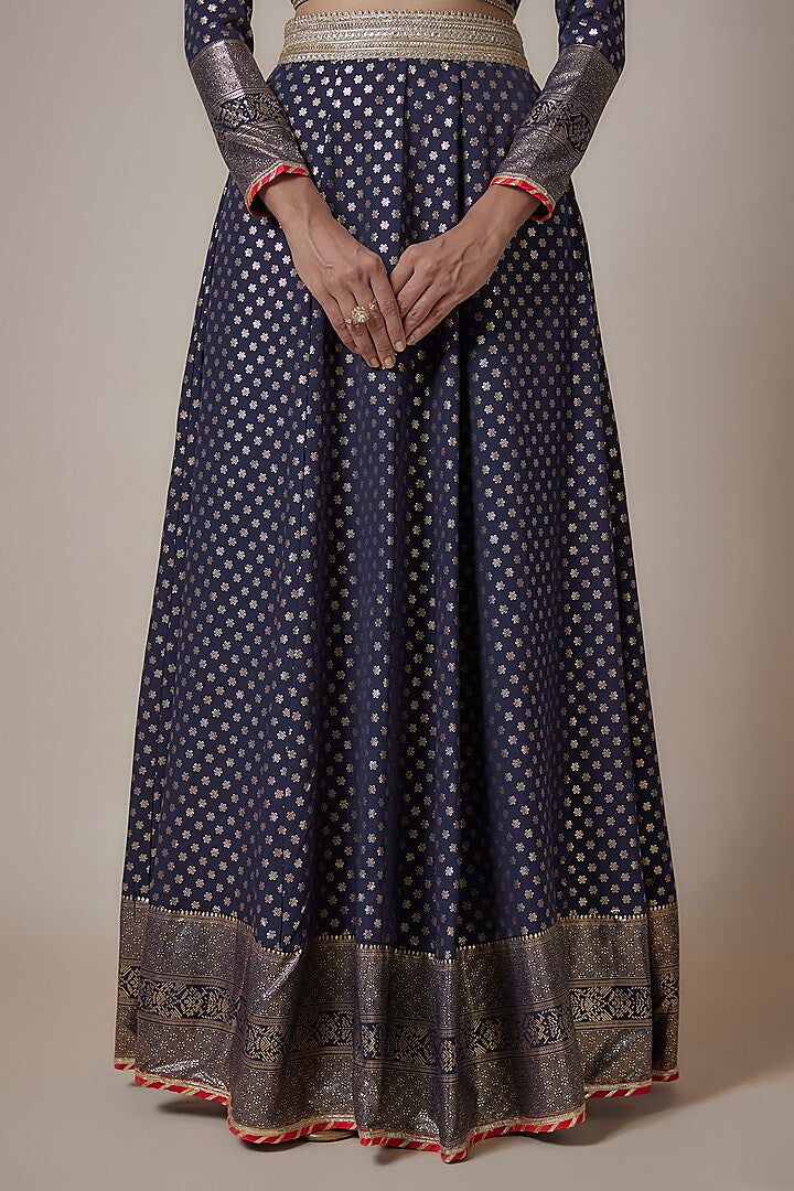 Navy Blue Recycled Polyester Metallic Embroidered Lehenga Set