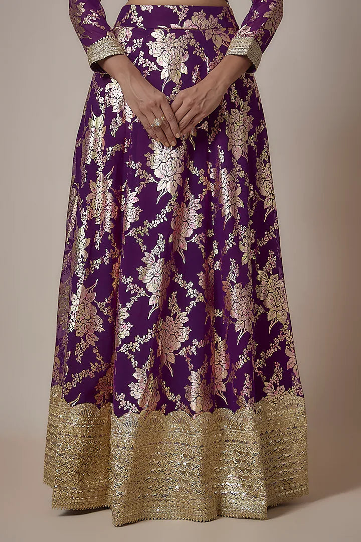 Purple Recycled Polyester Foil Printed Lehenga Set