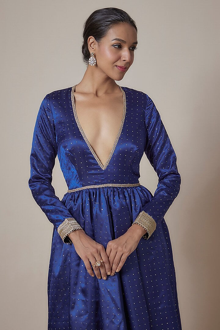 Navy Blue Recycled Polyester Metallic Embroidered Gown