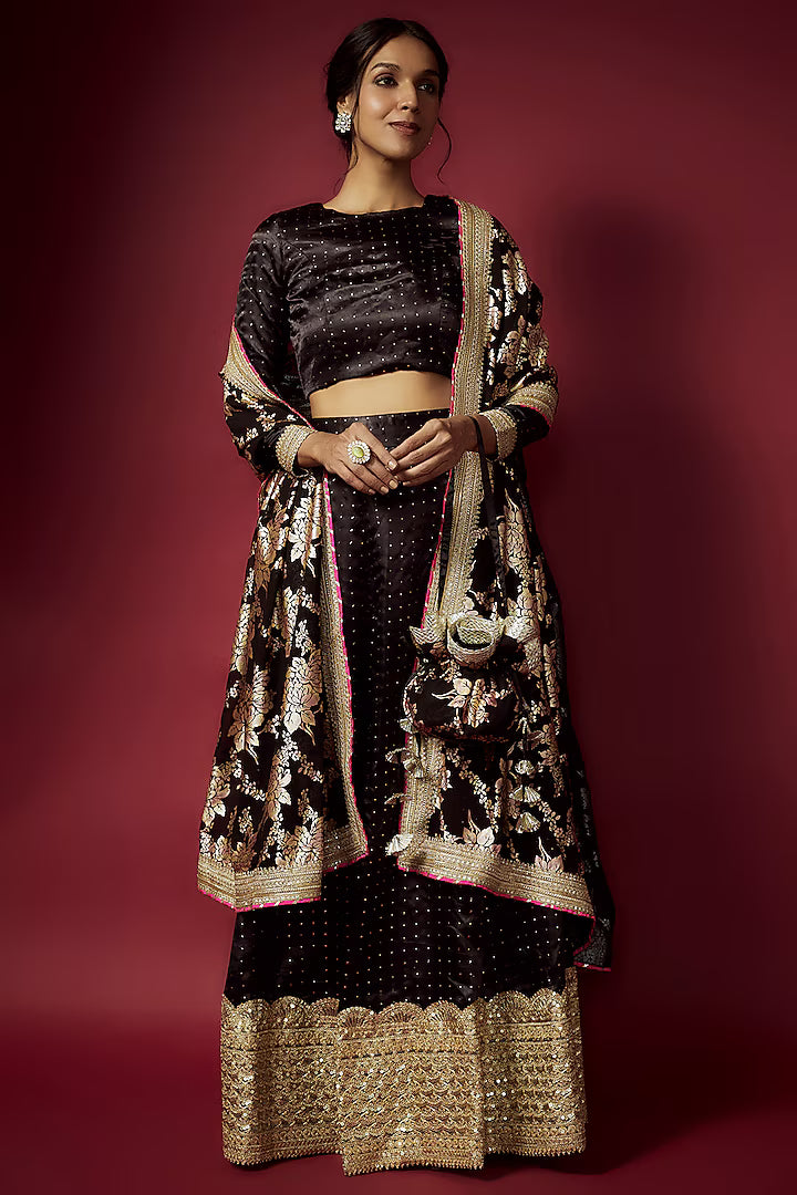 Black Recycled Polyester Printed Lehenga Set