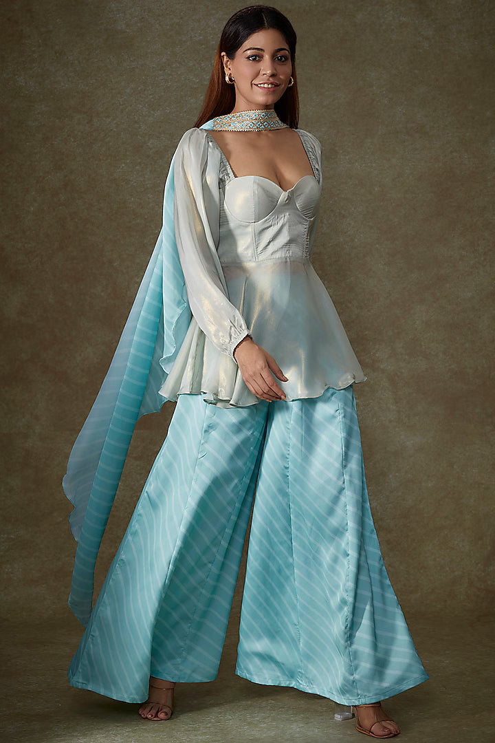 Blue Satin Georgette Printed Palazzo Pant Set