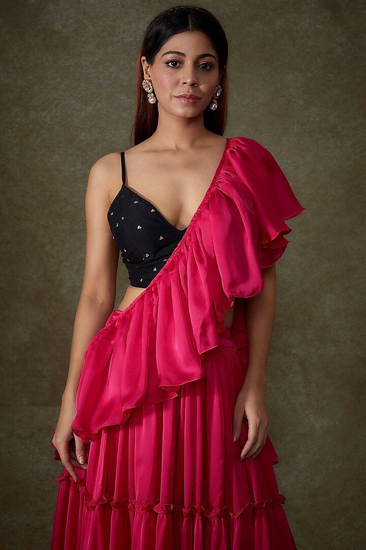 Pink Satin Georgette Pre-Draped Ruffle Saree Set