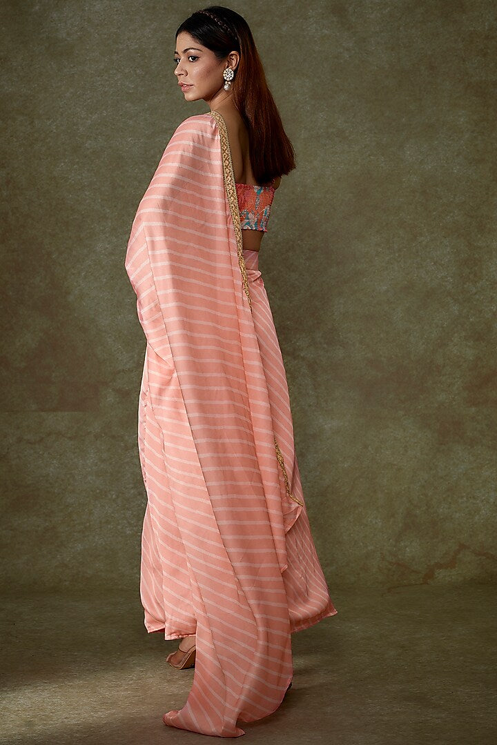 Pink Satin Georgette Pre-Draped Printed Saree Set