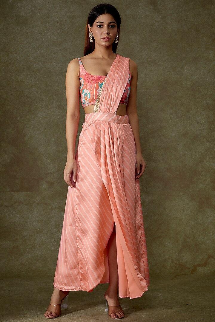 Pink Satin Georgette Pre-Draped Printed Saree Set