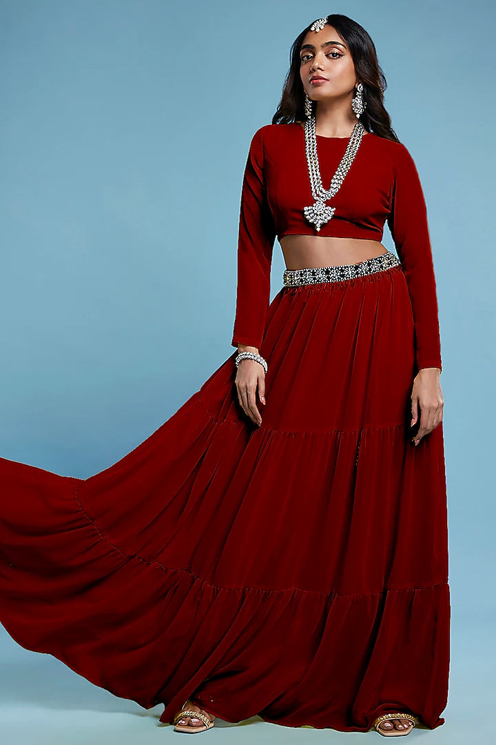 Maroon Recycled Polyester & Georgette Tiered Lehenga Set