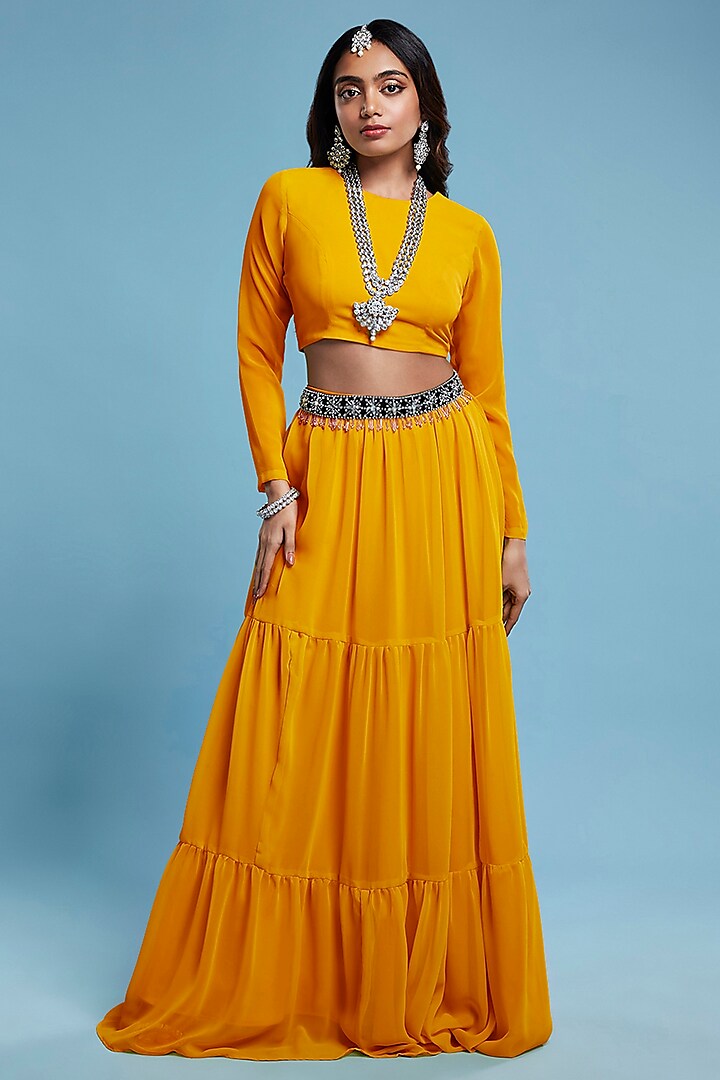 Mustard Recycled Polyester & Georgette Tiered Lehenga Set