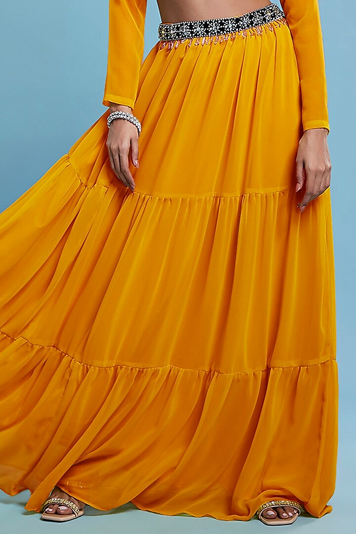 Mustard Recycled Polyester & Georgette Tiered Lehenga Set
