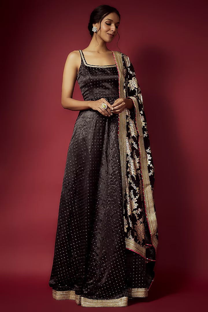 Black Recycled Polyester Sitara Foil Printed Gown With Dupatta