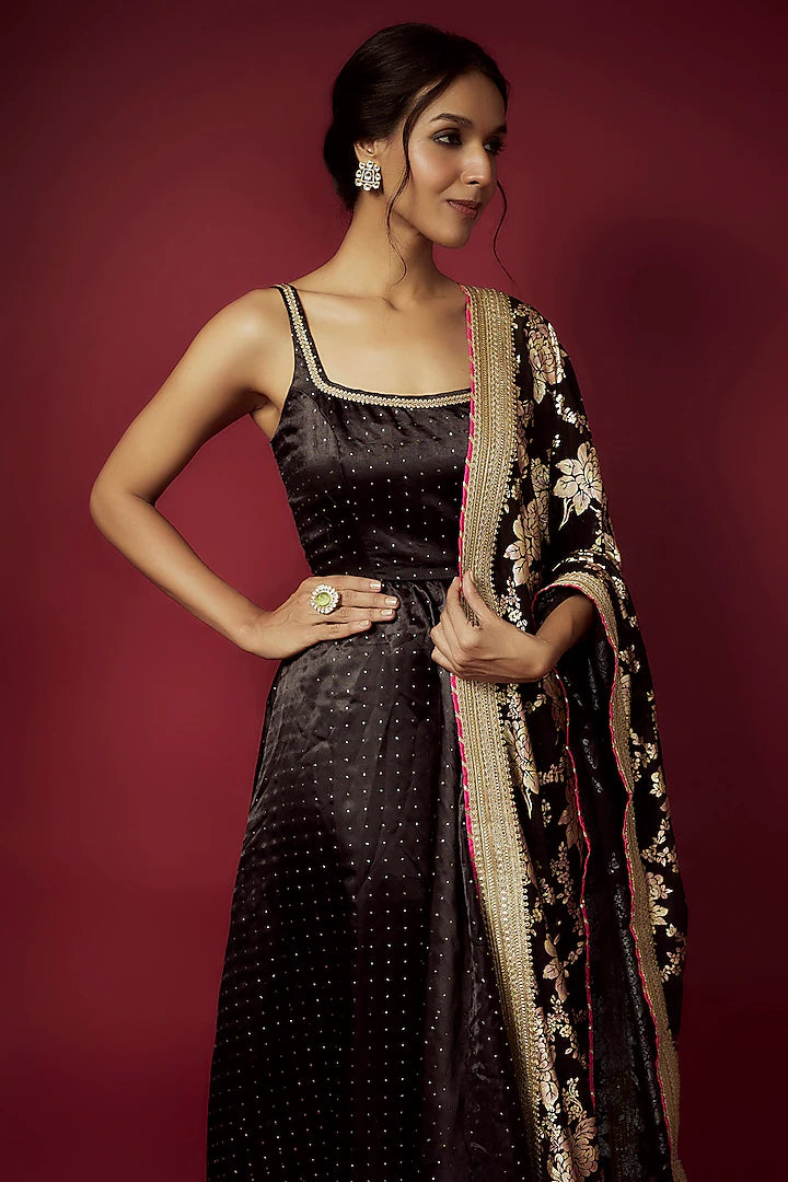 Black Recycled Polyester Sitara Foil Printed Gown With Dupatta