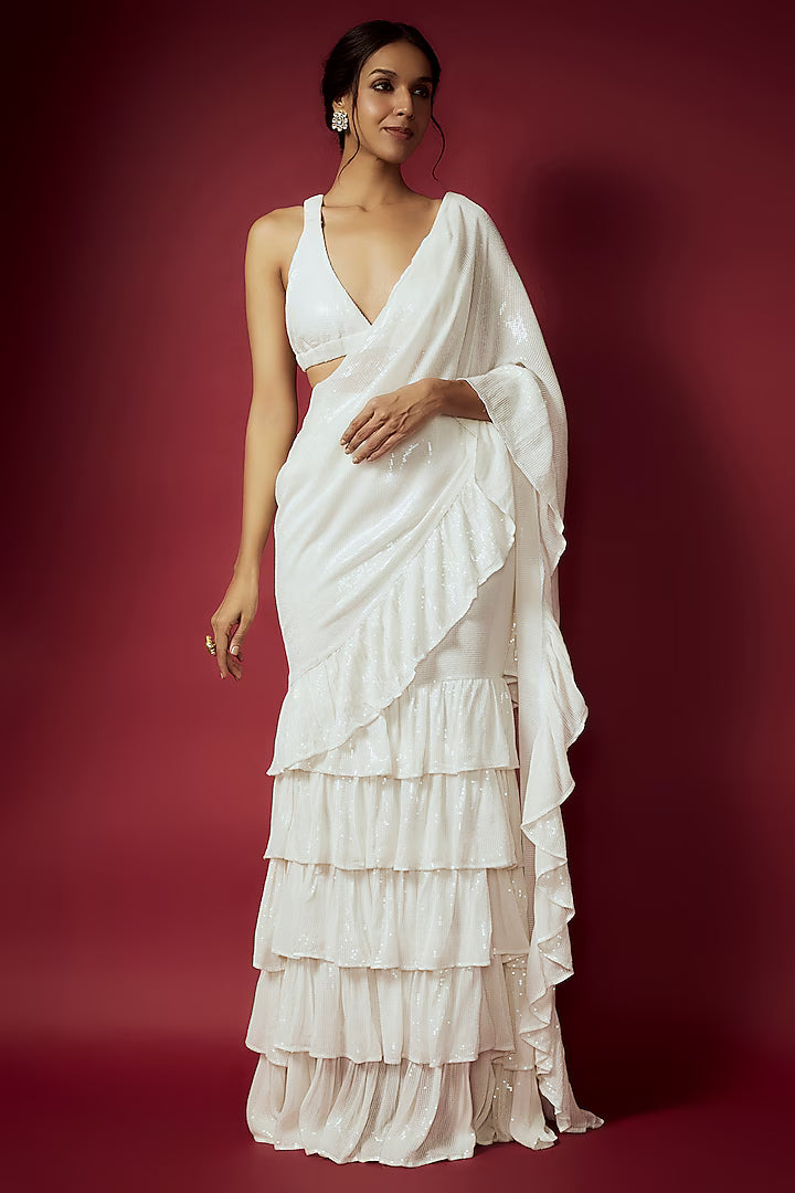 White Recycled Polyester Sequins Ruffled Pre-Draped Saree Set