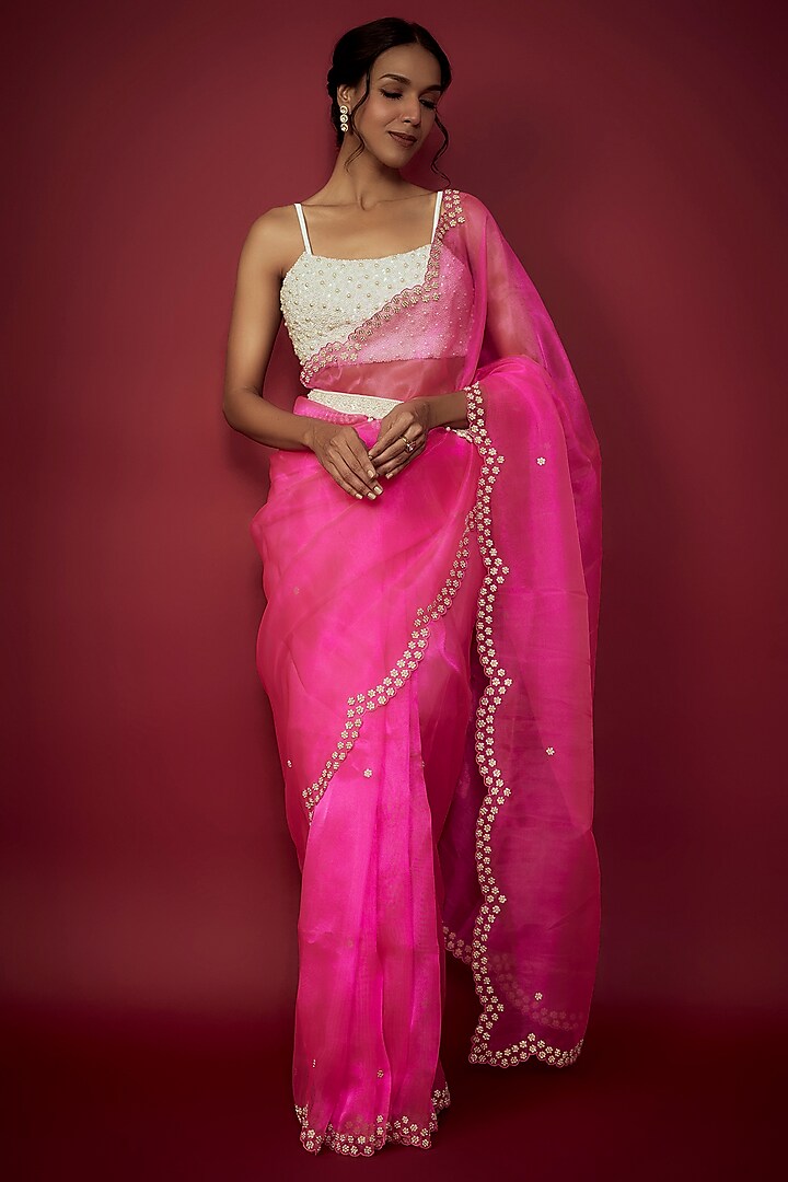 Neon Pink Silk Organza Scalloped Saree Set