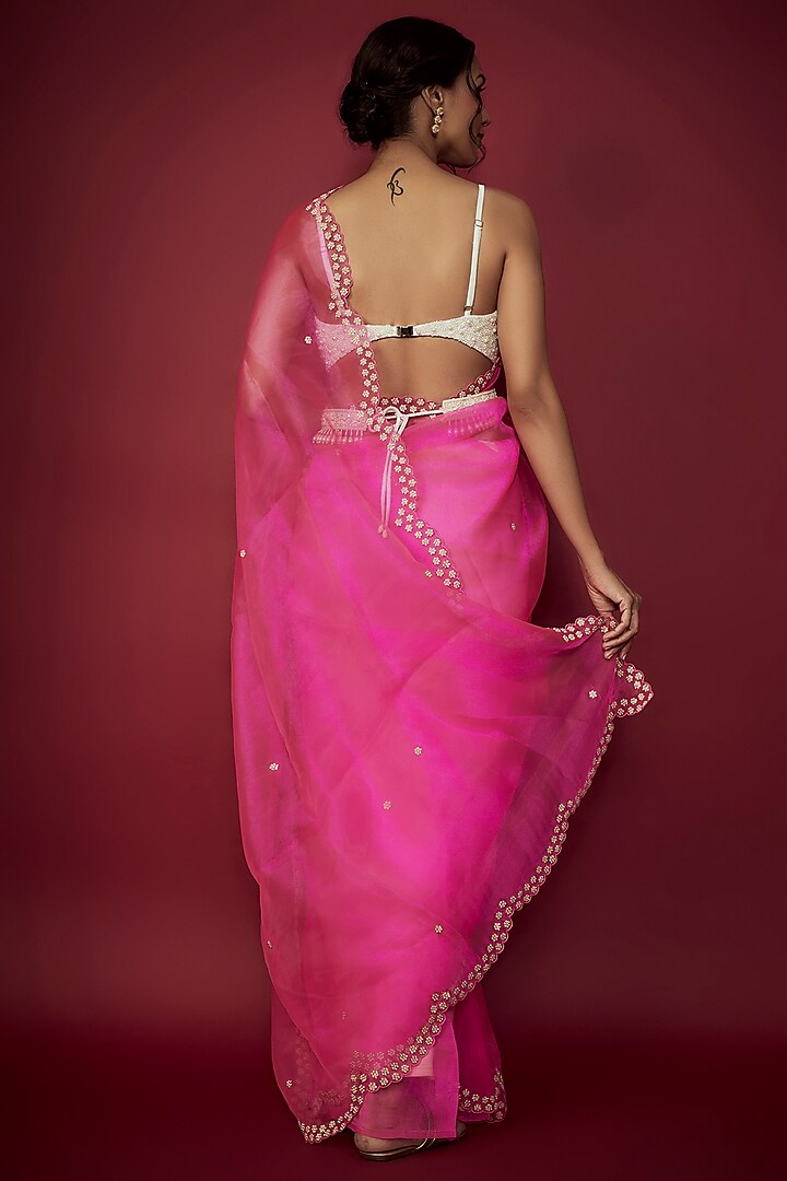 Neon Pink Silk Organza Scalloped Saree Set