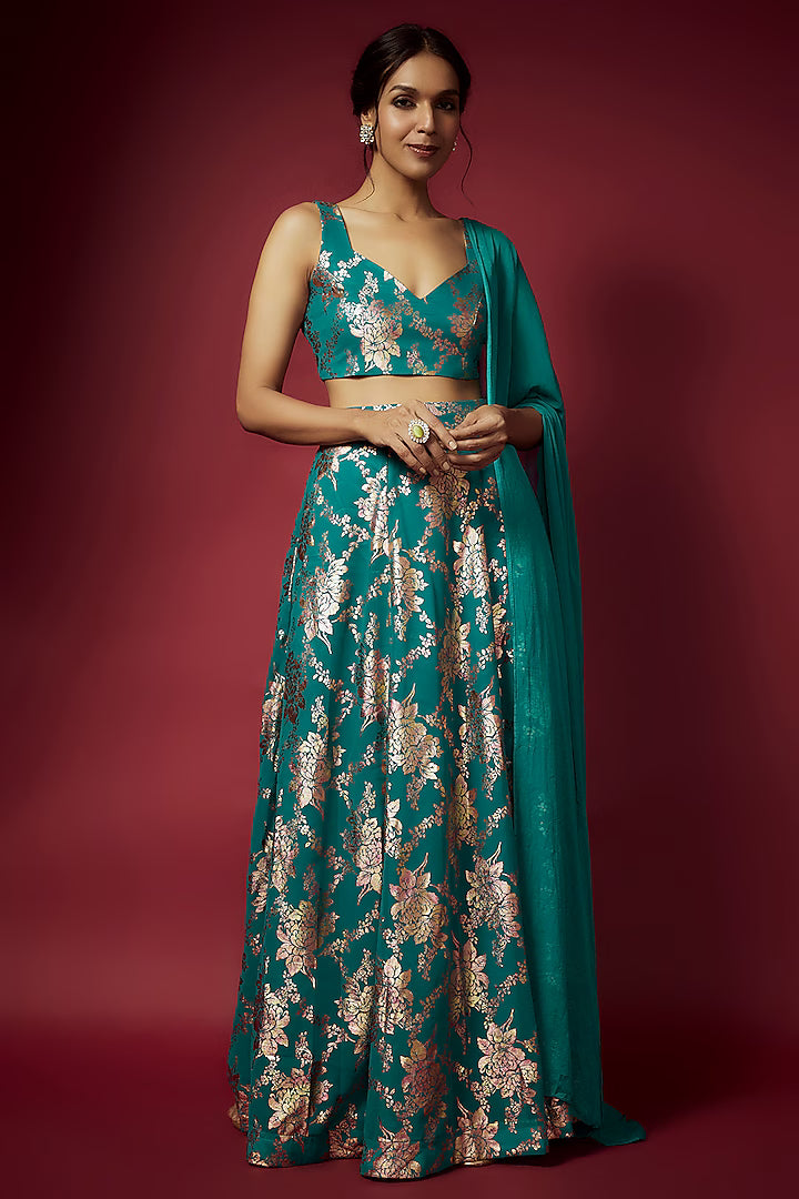 Teal Recycled Polyester Foil Printed Lehenga Set