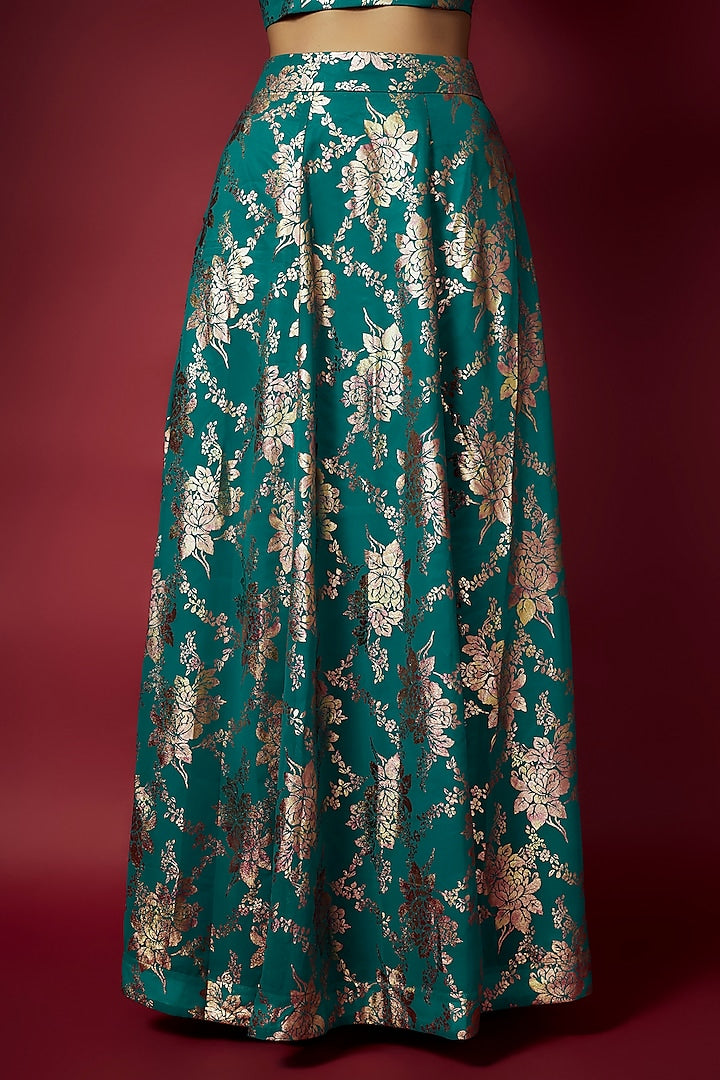 Teal Recycled Polyester Foil Printed Lehenga Set