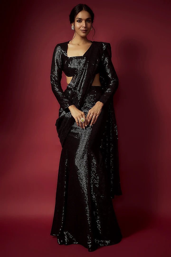 Black Recycled Polyester Sequins Pre-Draped Saree Set