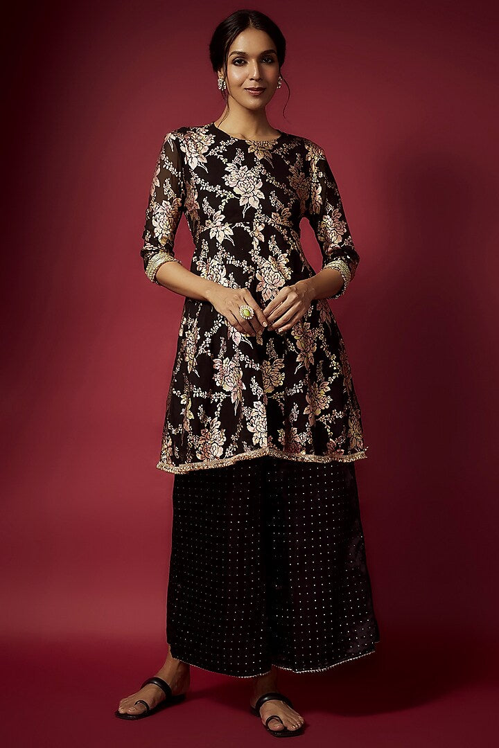 Black Recycled Polyester Foil Printed A-Line Kurta Set
