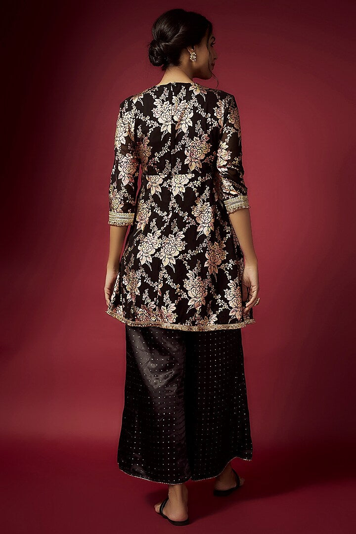 Black Recycled Polyester Foil Printed A-Line Kurta Set