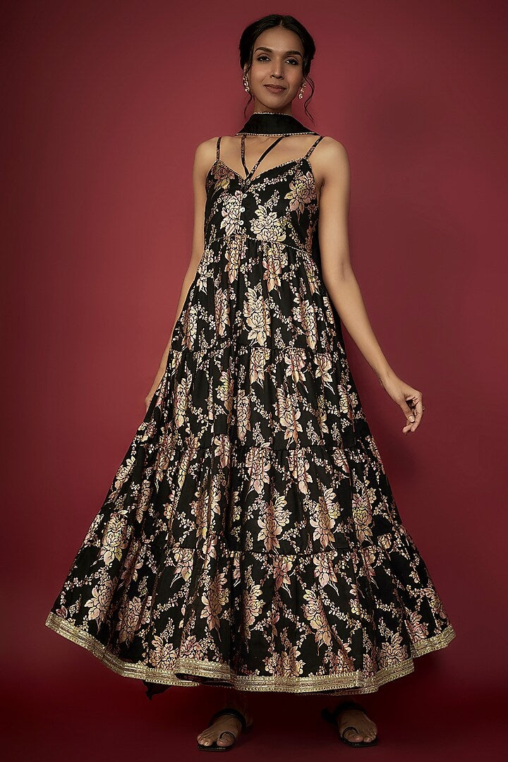 Black Recycled Polyester Foil Printed Tiered Kurta Set