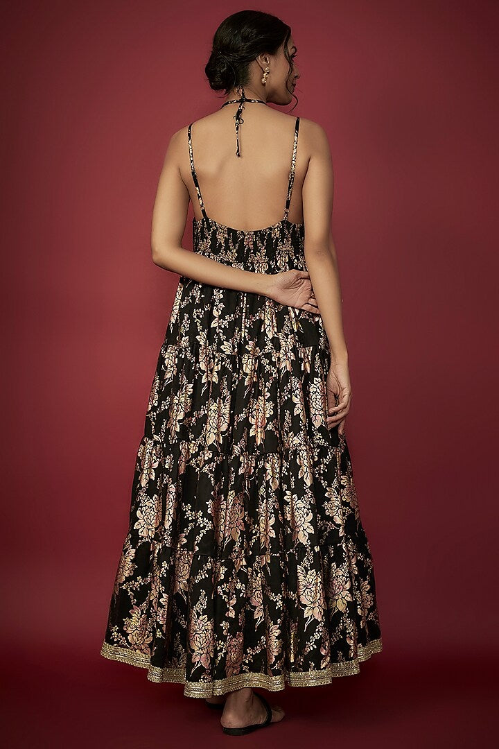 Black Recycled Polyester Foil Printed Tiered Kurta Set