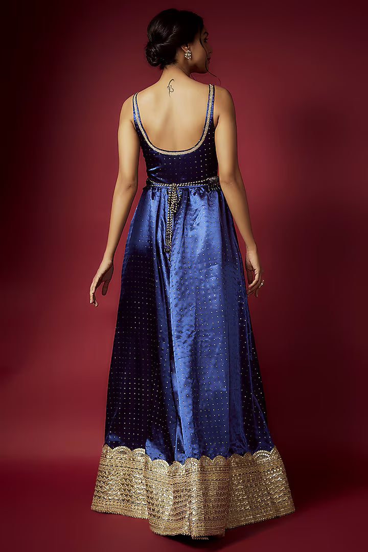Navy Blue Recycled Polyester Sitara Foil Printed Gown With Dupatta