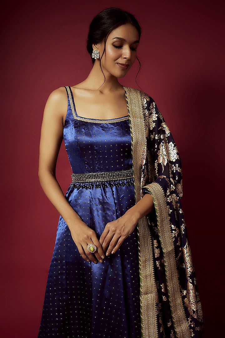 Navy Blue Recycled Polyester Sitara Foil Printed Gown With Dupatta