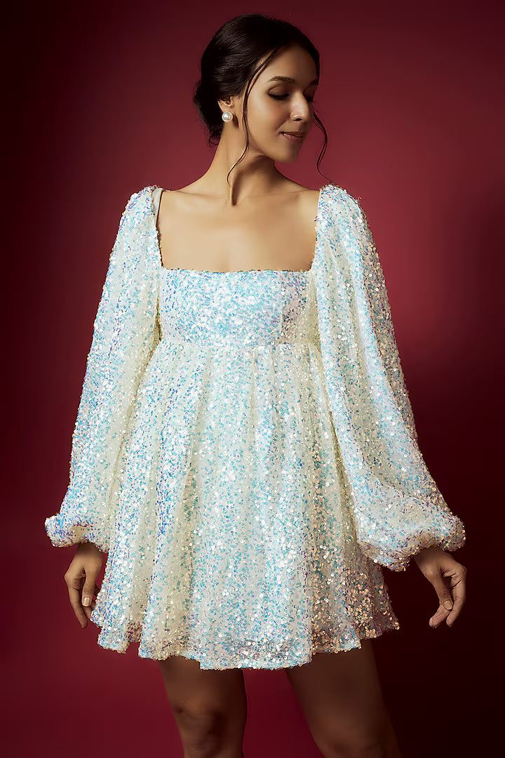 White Recycled Polyester Mini Sequins Dress