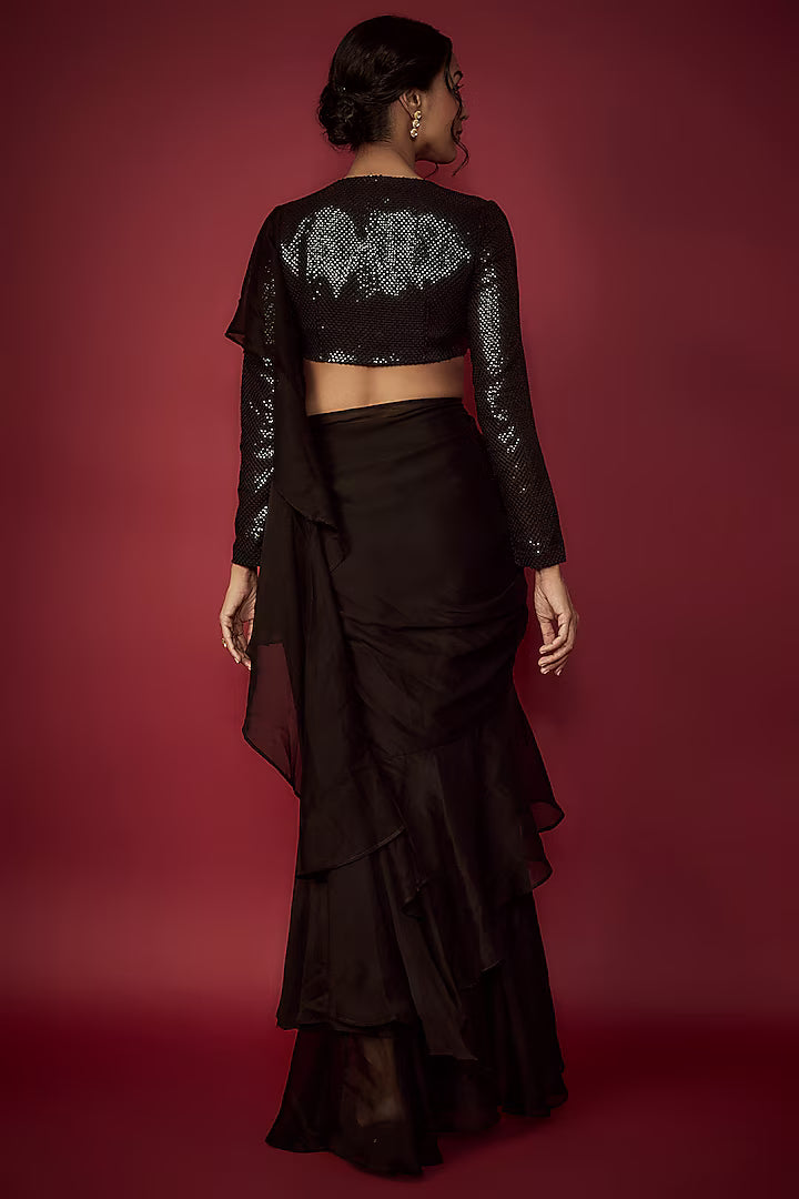 Black Satin Georgette Pre-Draped Ruffled Saree Set